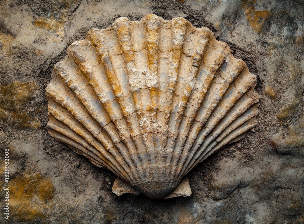 Poster textured seashell fossil embedded in stone surface close up view