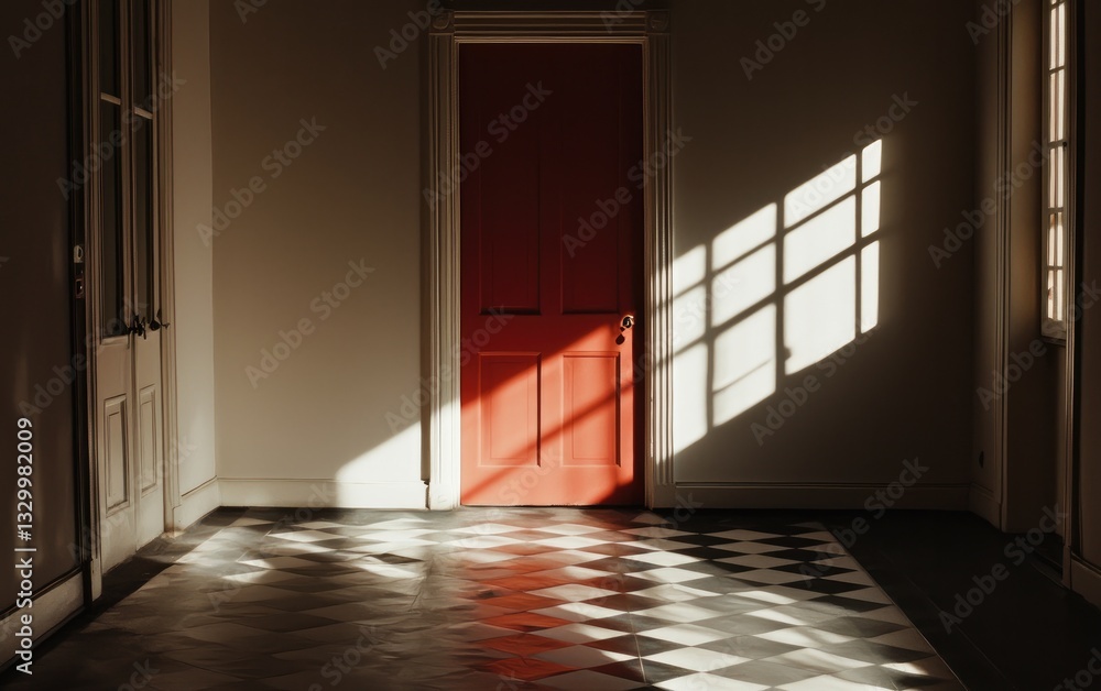 Poster red door in empty room with geometric floor and window shadows