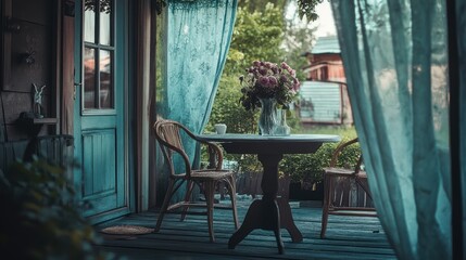 Obraz premium A cozy porch with table flowers and rustic furniture present