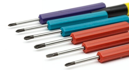 Colorful Screwdriver Set with Phillips and Flat Heads on White Background