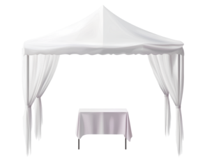 Vector image of a white gazebo tent with a tablecloth, isolated on a transparent background. PNG file