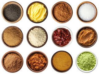 A Vibrant Display of Various Seasonings and Spices in Rustic Bowls for Culinary Inspiration and Flavor Enhancement. Piquant food set.