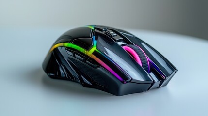 Sleek Gaming Mouse with Colorful LED Lights on a White Surface