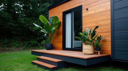 Fototapeta premium Sustainable tiny home with minimal interior design and efficient space usage, Sustainable Housing, Minimalist tiny living