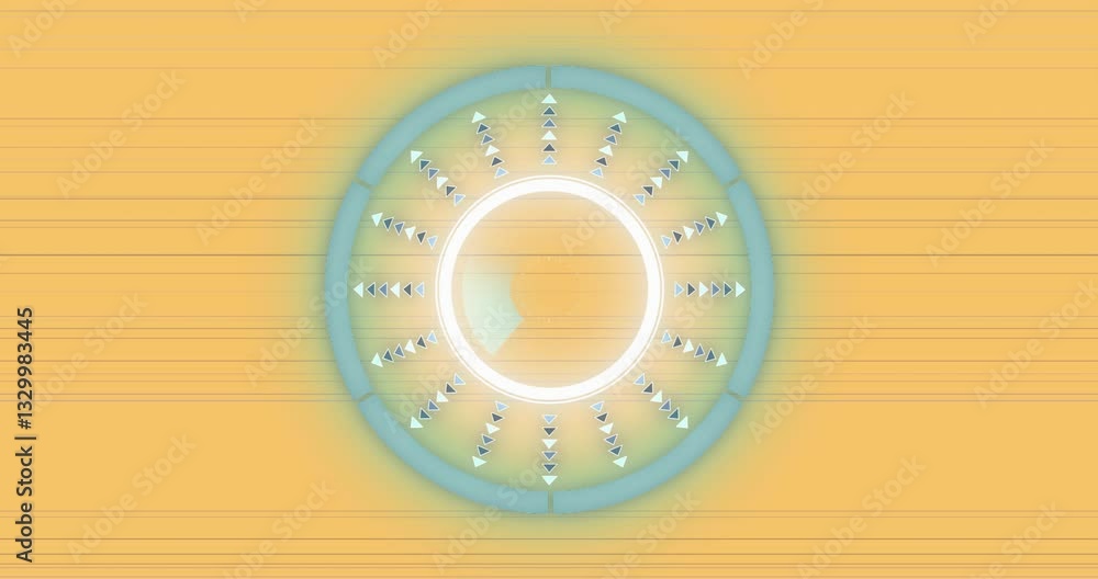 Poster radiating arrows forming glowing circular pattern on yellow background animation