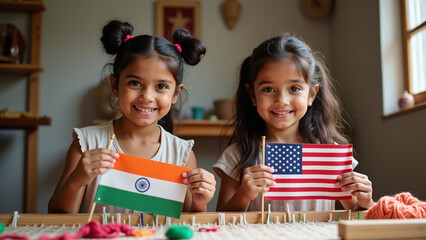 Girls weaving indian and american flags together
