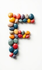 Obraz premium A creative and colorful number or letter designed with smooth, glossy stones in vibrant hues. The artistic typography combines polished pebbles and bright, candy-like elements.