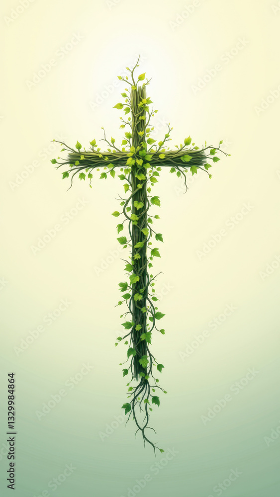 Poster cross with vine growing through it against a gradient background.