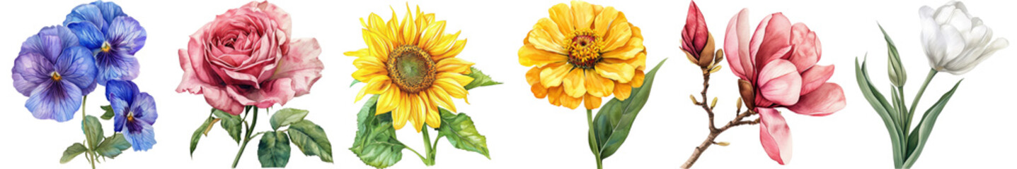 Fototapeta premium Vibrant Collection of Hand-Drawn Flowers Featuring Roses, Sunflowers, and Magnolias on a Transparent Background