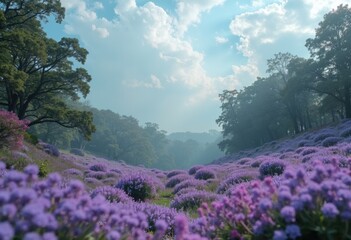 Obraz premium A serene landscape featuring vibrant purple flowers under a cloudy sky