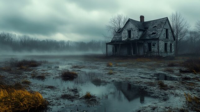 Abandoned house reflecting in swamp on a foggy day