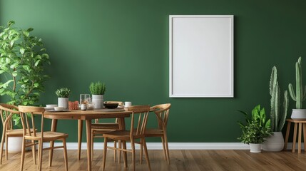 Green wall dining room mockup poster plants