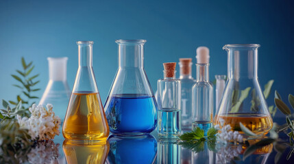 Colorful laboratory glassware with blue and yellow liquids amidst greenery.