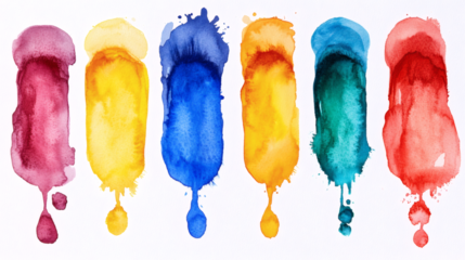 A group of watercolor splash ring effects set collection, dynamic element, concentric circles, soft blending, vibrant colors, isolated on white background.