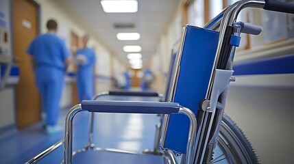 Fototapeta premium Wheelchair in hospital hallway, medical staff in view