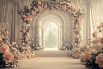 Elegant wedding venue decorated with floral arrangements and archways