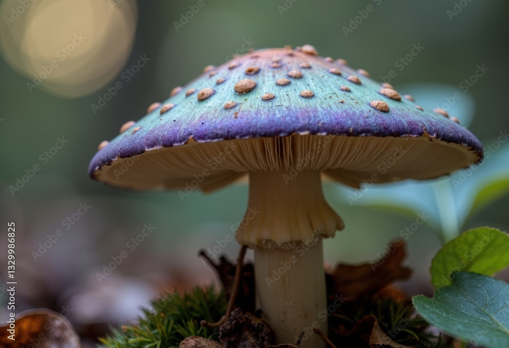 Aufkleber a vibrant mushroom with a colorful cap and textured surface in a forest setting