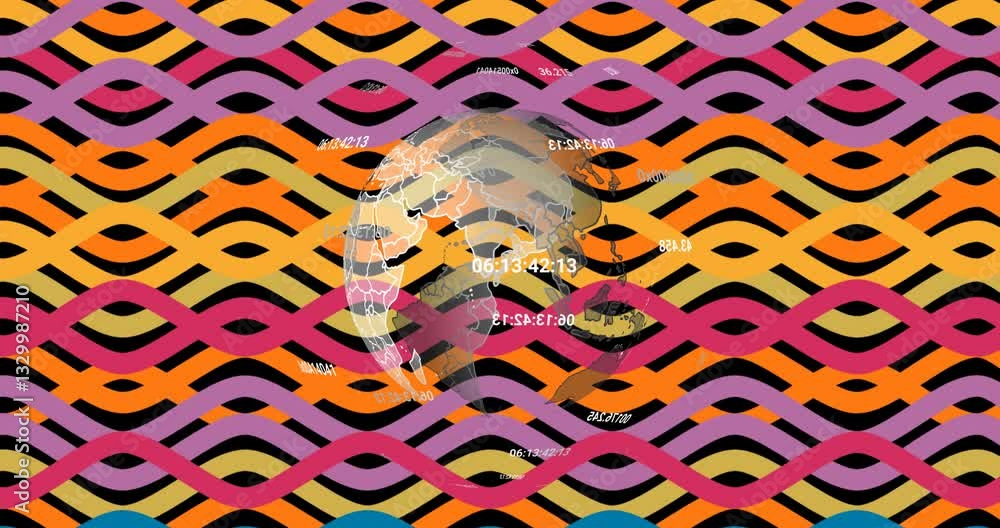 Poster animation of abstract globe with data points over colorful wavy pattern background