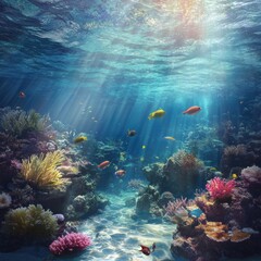 Obraz premium Vibrant coral reef teeming with colorful fish in a tropical ocean environment during sunlit hours