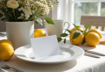 Elegant table setting with fresh lemons and a blank card for customization
