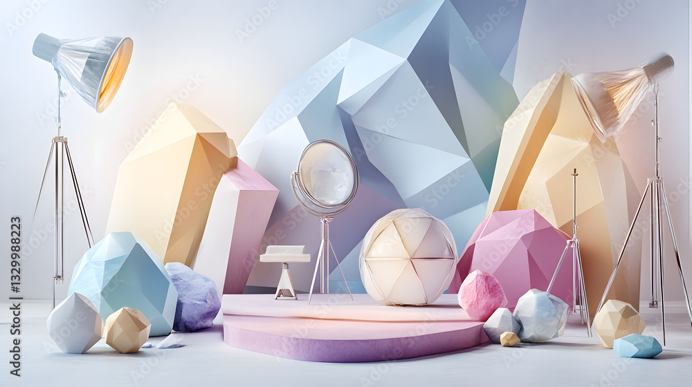 Poster colorful display of various objects arranged in a room, showcasing a vibrant palette of bright and p