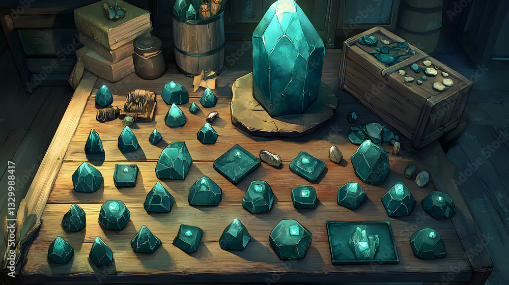 Poster rustic table set with an array of crystals illuminating the surface with natural light and showcasin
