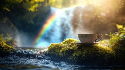 Fototapeta premium A teacup sits near a waterfall with a beautiful rainbow present