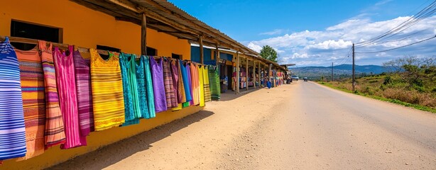 Obraz premium Vibrant Textiles Hanging Outside Shops in Colorful Village Street