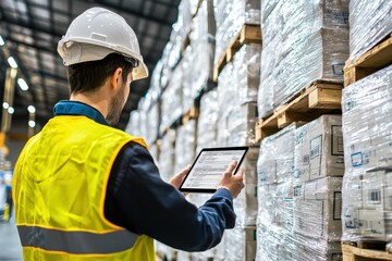 Obraz premium Professional in Safety Vest and Hard Hat Using Tablet to Check Logistics Inventory