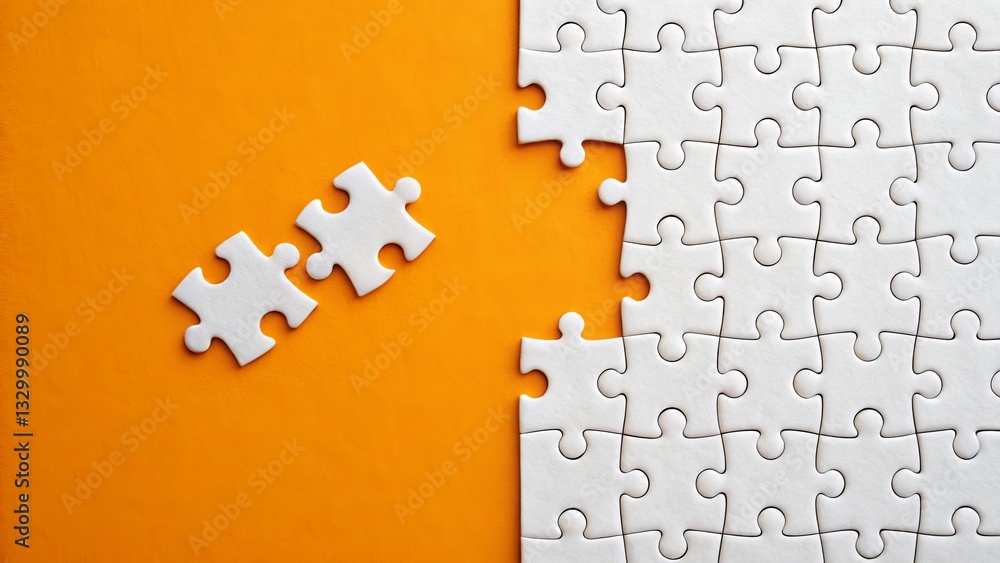 Poster striking contrast of a partially completed white jigsaw puzzle piece resting on a table highlighting