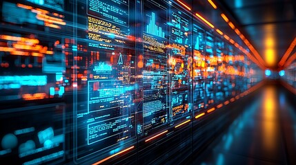 Data streams flow in futuristic server room