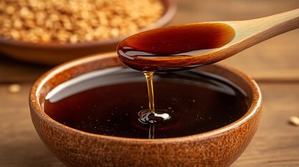 A hyperrealistic close-up captures rich, golden-brown organic sesame oil drizzling from a wooden spoon into a rustic ceramic bowl. 