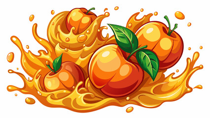 peaches in juice splash isolated on a white background