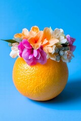 Minimalistic, close-up orange with a soft orange, white and pink flower crown on a pastel blue wallpaper. Summer, happy, bright concept.