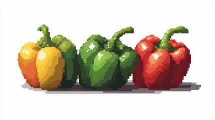 Three bell peppers in red, green, and yellow, depicted in a pixel art style against a white background. Vibrant colors and simple shapes create a