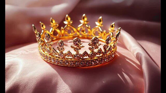 Ornate golden crown with gemstones on pink satin under soft light