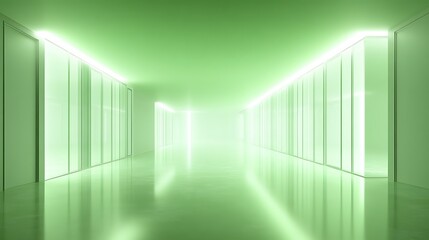 Green lighted hallway with glass doors and reflective floor