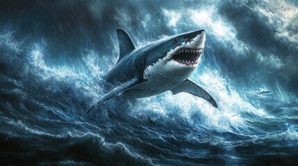 Fototapeta premium Great White Shark Leaping Through Stormy Waves