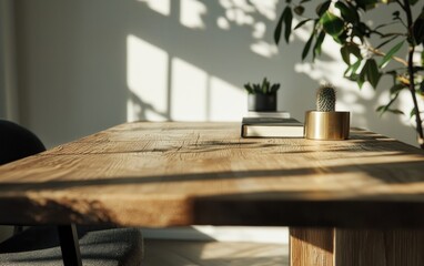 Fototapeta premium Sunlight Streams Across Wooden Table With Book Plant and Gold Container in Modern Home Office