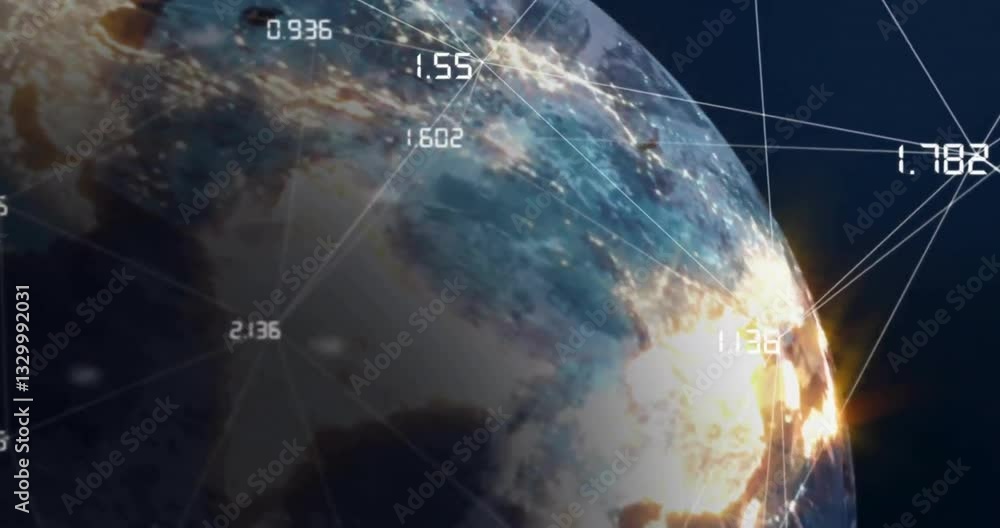 Poster earth from space with digital data points and network connections in animation