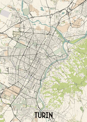 This detailed map showcases the city of Turin, Italy. The map features a network of streets and roads, with a prominent river winding through the urban landscape.