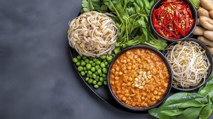 Aromatic and colorful food arrangement with fresh herbs, bean sprouts, and a rich sauce, ideal for culinary and food blogs, restau