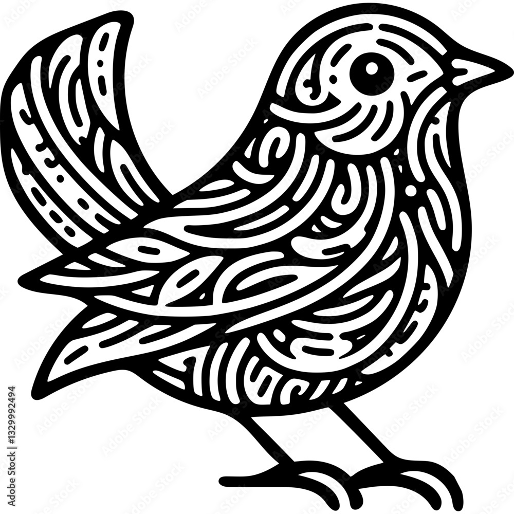 Poster artistic bird illustration in black and white showcasing decorative nature with intricate line work 