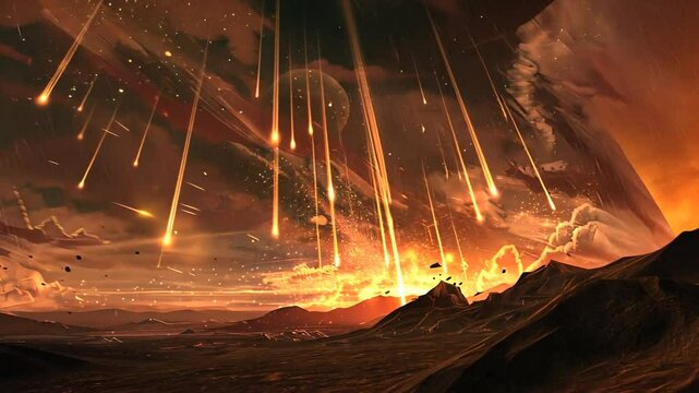 Meteoritenschauer trifft die Oberfl&auml;che eines Planeten