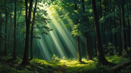 Obraz premium Serene Sunbeams Illuminating Lush Green Forest Path Tranquil Nature Scene