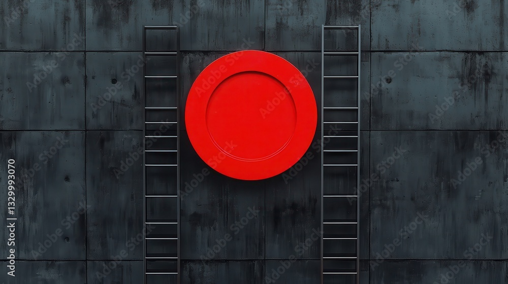 Poster red target with many ladders on black concrete wall. business and challenge concept. mock up, 3d ren
