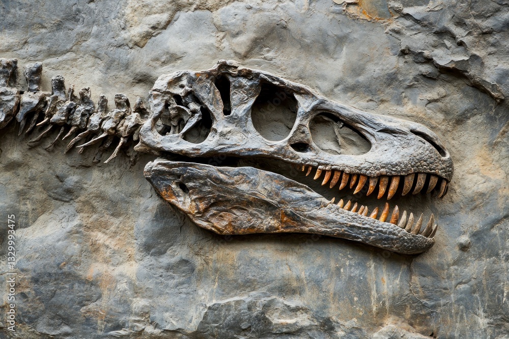 Poster dinosaur fossil embedded in stone wall showing skull and backbone