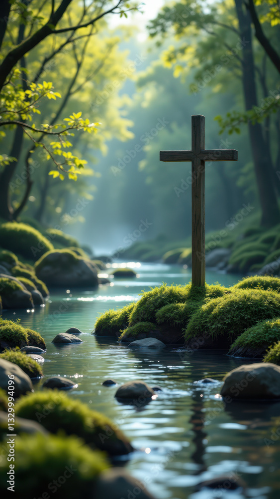 Poster a tranquil forest stream with a christian cross as a focal point.