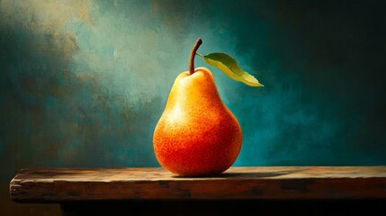 Still Life  A Ripe Red Pear on Rustic Wooden Table Against Teal Background