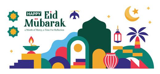 collection of ramadan kareem design elements in the form of colorful landscapes, mosque domes and islamic icons, crescent moon in flat geometric style